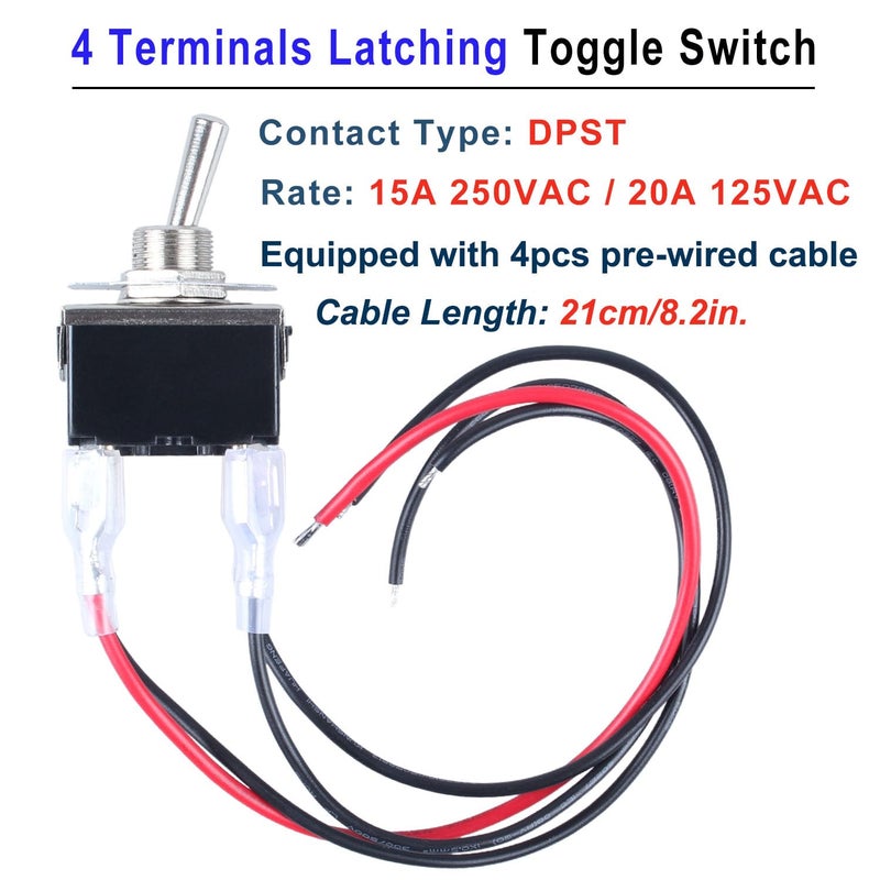 DMWD 2pcs Latching Rocker Toggle Switch ON/Off 4Pin 2Position DPST Spade Terminals Electric Pull Push Meatl Switch with Waterproof Boot Cap and Pre-Wired Cables for Car Truck Boat Marine - Image 3